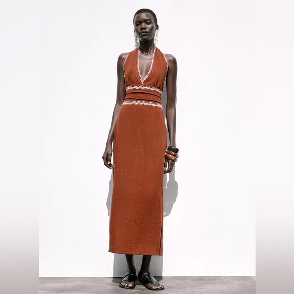 Zara Terracotta Embroidered Midi Dress - Picture 9 of 15